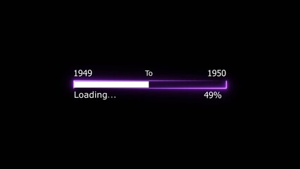 Loading 100 percent complete progress bar digital interface technology modern design white color 4k illustration. New year 1949 to 1950 loading. Neon bright rectangle frame black background.
