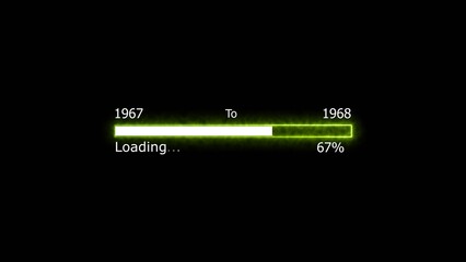 Loading 100 percent complete progress bar digital interface technology modern design white color 4k illustration. New year 1967 to 1968 loading. Neon bright rectangle frame black background.
