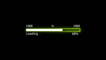 Loading 100 percent complete progress bar digital interface technology modern design white color 4k illustration. New year 1968 to 1969 loading. Neon bright rectangle frame black background.