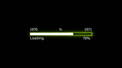 Loading 100 percent complete progress bar digital interface technology modern design white color 4k illustration. New year 1970 to 1971 loading. Neon bright rectangle frame black background.