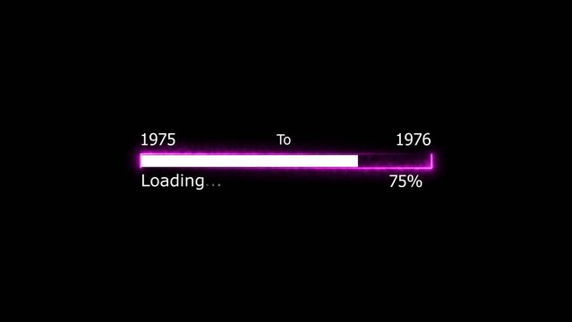 Loading 100 percent complete progress bar digital interface technology modern design white color 4k illustration. New year 1975 to 1976 loading. Neon bright rectangle frame black background.