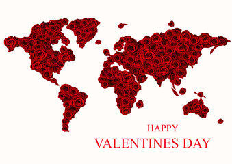 Happy Valentines Day, world map in rose pattern. Love in Earth concept. Vector stock illustration