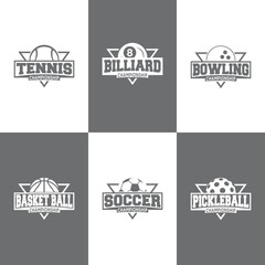 A collection of various sports badges. A collection of stickers for team sports. Flat vector illustrations isolated on white and black backgrounds.