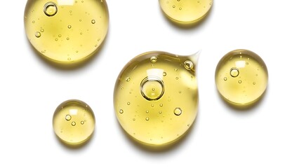 Fototapeta premium Close-up of Yellow Liquid Droplets with Bubbles on White Background, Transparent