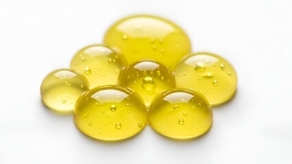 Close-up shot capturing glistening yellow liquid gel capsules on a clean white background