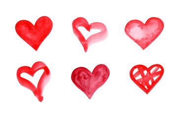 Set of red watercolor hearts isolated on white background. Hand painted love symbols with different textures, perfect for Valentine&rsquo;s Day, wedding design, greeting cards and romantic projects.