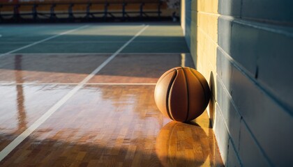 A solitary basketball rests against a wall on a polished indoor court, bathed in warm light, representing the quiet anticipation of sport.