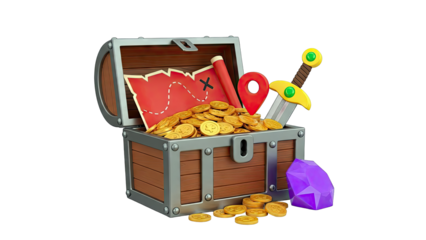 Treasure Chest with Coins, Map, Sword, and Gem