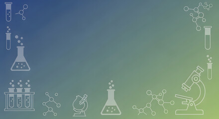 A scientific background with line art illustrations of laboratory equipment and molecular structures on a blue and green gradient.