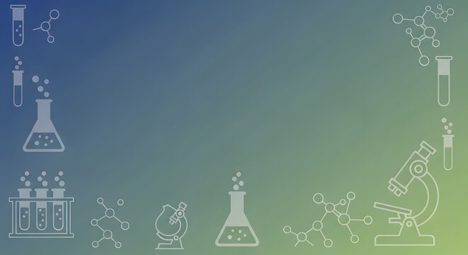 A scientific background with line art illustrations of laboratory equipment and molecular structures on a blue and green gradient. - Powered by Adobe