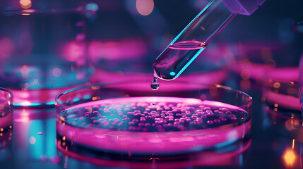 Laboratory pipette dispensing liquid into petri dish for scientific research