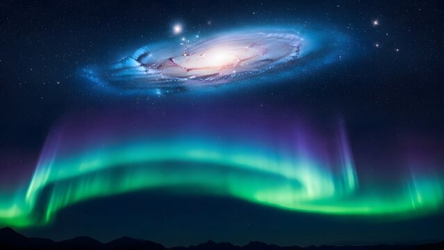 Stunning spiral galaxy floating above colorful aurora borealis in a starry night sky.