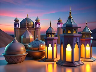 3d architectural marvels majestic lanterns and domes at sunset