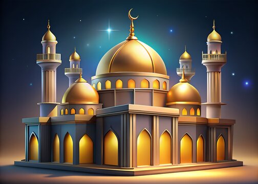 3d rendering of a majestic mosque with golden domes and minarets