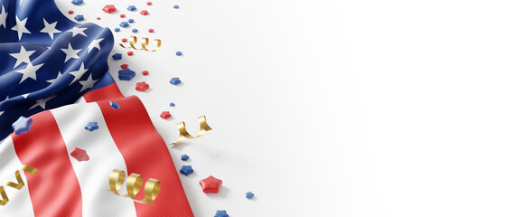 4th of july usa Independence day banner design of american flag and star with golden ribbon on white background with copy space 3D render