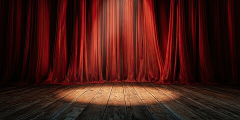 Red curtain stage with spotlight shining on the wooden floorboards