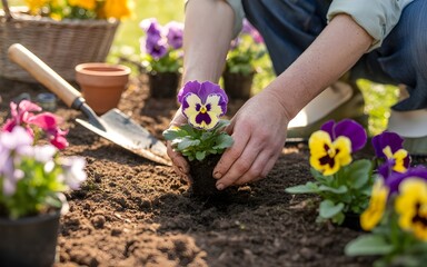 Fototapeta premium a photograph of a gardener's hands gently placing flower into the soil