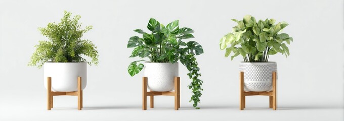 Three green houseplants in white pots on wooden stands against white backdrop