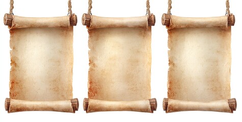 Three hanging blank parchments with wooden rods and rope, aged paper texture