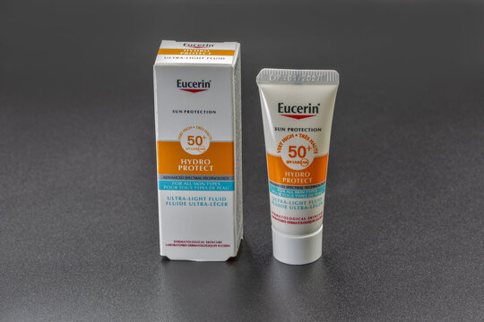 Eucerin sun protection SPF 50 hydro protect fluid closeup on white.