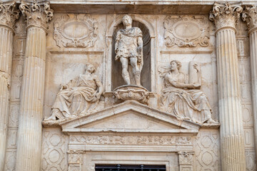 Jerez de la Frontera, Spain - May 15, 2025: Unique buildings and sculptures in the historic city center of Jerez de la Frontera, Spain