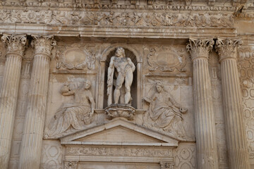 Jerez de la Frontera, Spain - May 15, 2025: Unique buildings and sculptures in the historic city center of Jerez de la Frontera, Spain