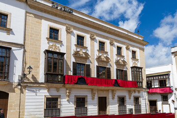 Jerez de la Frontera, Spain - May 15, 2025: Unique buildings and sculptures in the historic city center of Jerez de la Frontera, Spain