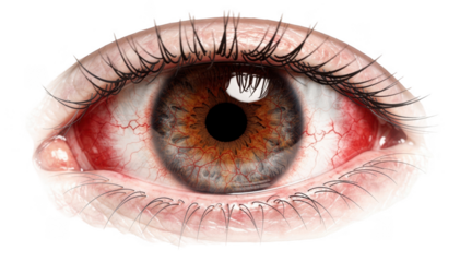 Closeup of a single red irritated eye with visible blood vessels illustrating unilateral eye redness on a clean white background.
