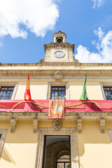 Jerez de la Frontera, Spain - May 15, 2025: Unique buildings and sculptures in the historic city center of Jerez de la Frontera, Spain