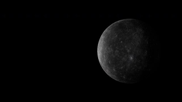 Planet Mercury rotating loop with copy space on left, realistic grey rocky crater surface 3D rendering isolated on black.