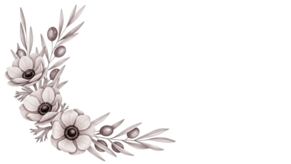 Delicate luxury watercolor corner element with anemones and olive branches in muted mauve tones isolated on white background