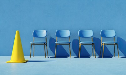 Minimalist 4 chairs against a blue wall with a yellow traffic cone