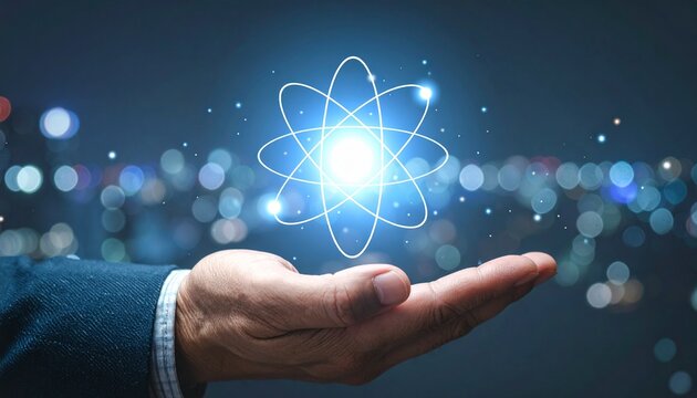 Human hand holds a glowing model of an atom, symbolizing knowledge, science and discovery. - Powered by Adobe