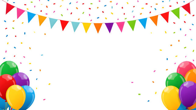 Transparent celebration scene with colorful bunting flags, falling confetti, and festive balloons