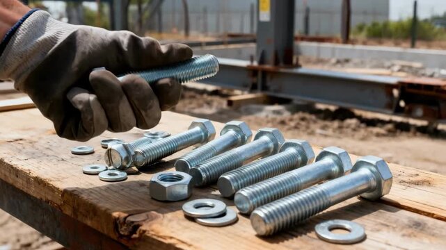 Medium shot showcasing galvanized heavyduty fasteners being sorted emphasizing their rust protection and durability in outdoor construction environments.