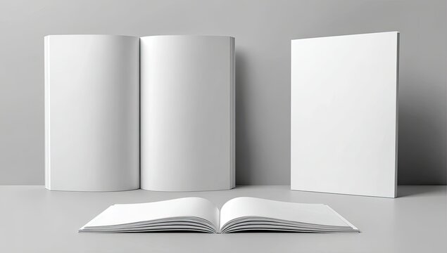 Books  White blank books are arranged on a pale surface against gray wall