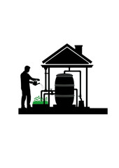 Climate Adaptation Silhouette of Person with Sustainable Rainwater System for Environmental Resilience and Green Home Tech Concept Vector