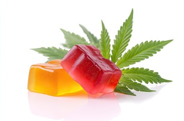 Close-up of two colorful gummy candies and a cannabis leaf against a white backdrop