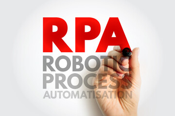 RPA Robotic Process Automatisation abbreviation concept with a hand holding a marker. Digital automation and workflow efficiency technology illustration background