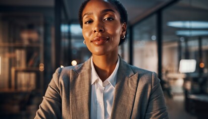 Fototapeta premium Woman in business suit looks forward in office at night