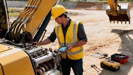 Worker conducting preventive maintenance with diagnostic tools to ensure optimal performance of heavy construction equipment.