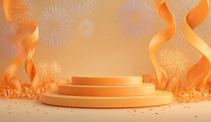 Three-tiered stage, ribbons, and fireworks set against a gradient orange backdrop