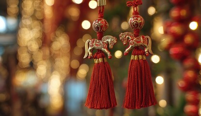 Close-up of ornate, red and gold Chinese ornaments with horse designs, blurred background