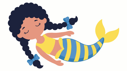 Cartoon Mermaid Illustration with Braided Hair, Yellow-Blue Tail, and Peaceful Expression for Children’s Books, Educational Materials, and Fantasy-Themed Decor