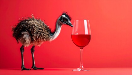 A young emu stands on a red floor, gazing curiously at a glass of red wine—an absurd yet elegant tableau blending wild instinct with cultivated ritual in a surreal moment of feathered contemplation.
