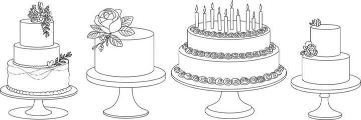 Elegant celebration cakes line art vector set, tiered wedding cake with flowers, and birthday cake with candles on stands © Majnur