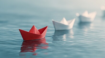 Close-up of red paper boat leading white boats on calm water, soft focus