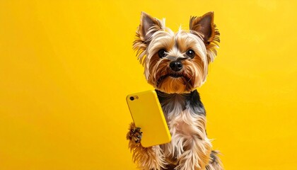 A playful Yorkshire Terrier stands against a vibrant yellow backdrop, tongue out, holding a smartphone like a cheeky presenter—blending pet charm with tech-savvy humor in a bold visual punch.