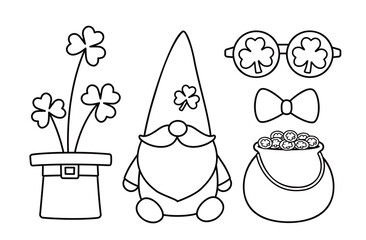St. Patrick's Day element Coloring pages and templates collection.
Includes gnome, clover, money pot, party sunglasses, coins, and bow tie.