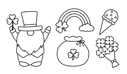 St. Patrick's Day element Coloring pages and templates collection.
Includes gnome, clover, money bag, rainbow,coins,  ice cream, and bouquet.